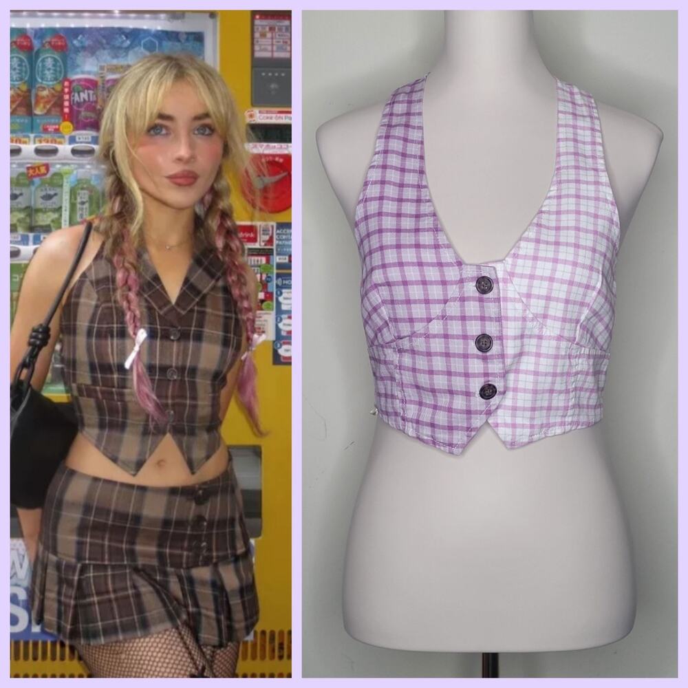 ALT Sabrina Carpenter Lavender Fog Purple Plaid Halter Top Vest‎ Sz M Boho NWOT